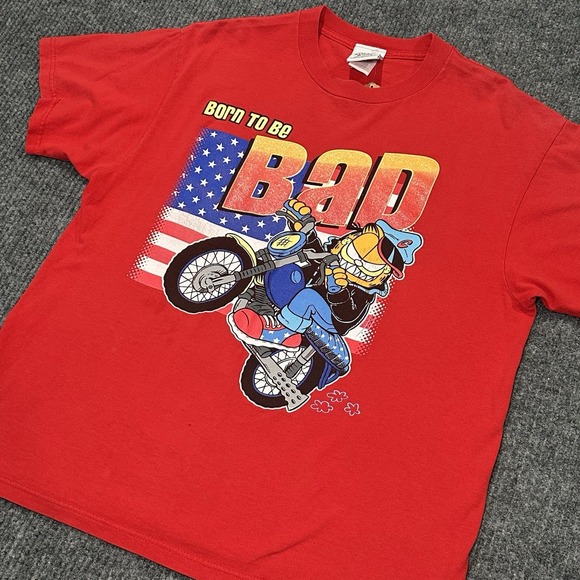 Garfield Vintage 90s Born‎ To Be Bad Motorcycle T-Shirt Size L Licensed Red Tee - Picture 1 of 9